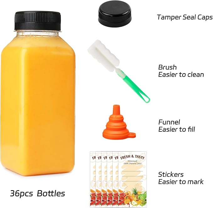 BAKHUK 36pcs 8oz Juice Bottles with Lids Food Grade Reusable Clear Containers with Black Tamper Evident Caps for Juice Milk and Other Beverages