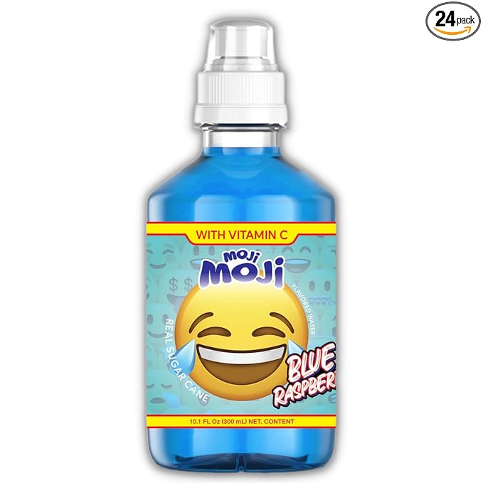 MOJI-MOJI Kids Vitamin Drink – with Vitamins A B &amp E Fun Emoji Bottles 4 Flavors Sports Cap Spill-Resistant 10.1 Fl Oz Pack of 24 (10.1 Fl Oz Blue Raspberry)