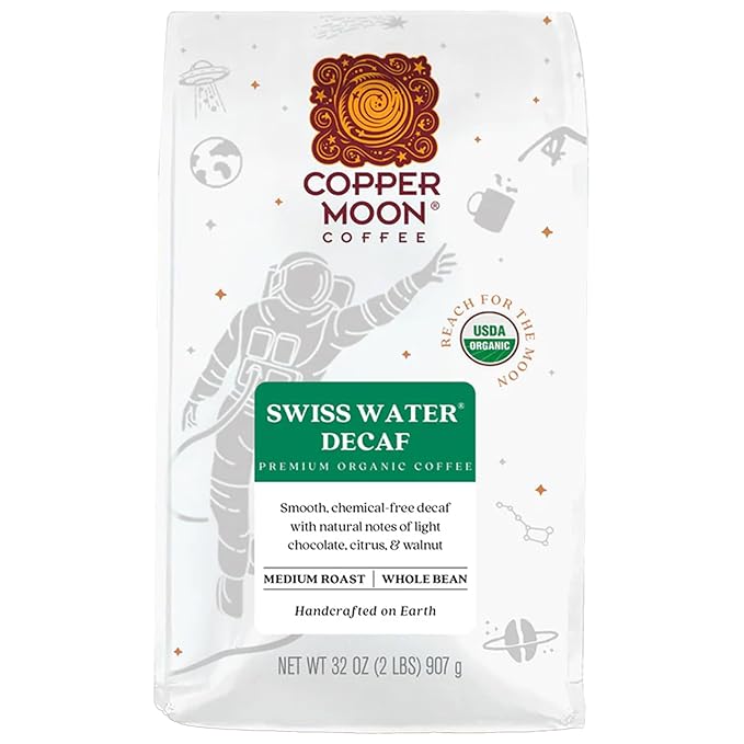 Copper Moon Whole Bean Coffee Medium Roast Swiss Water Organic Decaffeinated Blend 2 Lb