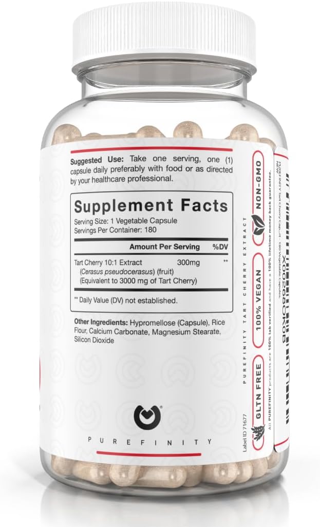 PUREFINITY Tart Cherry Capsules – Uric Acid Flush &amp Cleanse to Support Joint &amp Muscle Comfort with 3000 mg Raw Extract Non-GMO Gluten Free Vegan – 180 Count (6 Month Supply)