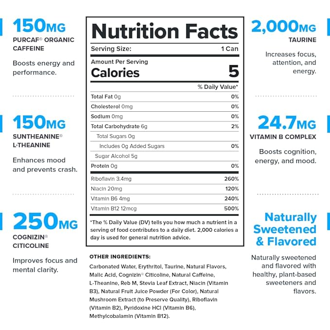 Legion Energy Drink - Naturally Sweetened and Flavored Healthy Energy Drinks - Sugar Free Energy Drinks w/Natural Caffeine Theanine Taurine Citicoline and B Complex Vitamins (12 Pack) Lemon Lime
