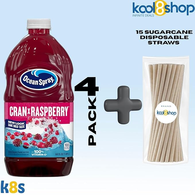 Ocean Spray Cran Raspberry Fruit Juice Drink 64 fl oz Plastic Bottle 4 Pack + 15 Sugarcane Disposable Straws by KOOL8SHOP Infinite Deals