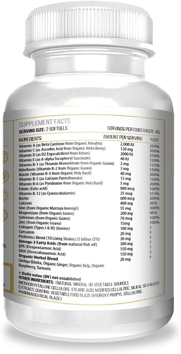 ACTIF Organic Multivitamin for Women Age 70+ with 20+ Advanced Factors and Omega-3 Non-GMO Made in USA 90 Count