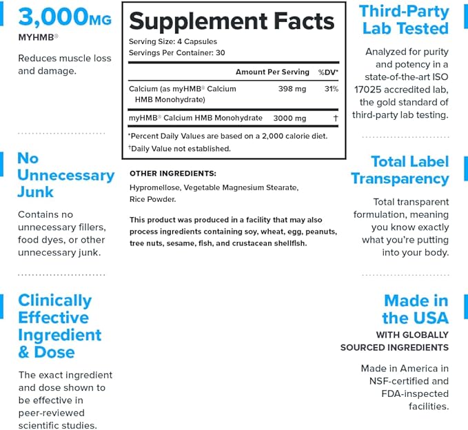 HMB Supplements for Men &amp Women – 3000mg MyHMB® Beta-Hydroxy Beta-Methylbutyrate Capsules – Muscle Defense Leucine Metabolism Strength Support – Clinically Studied Third-Party Tested 30 Servin