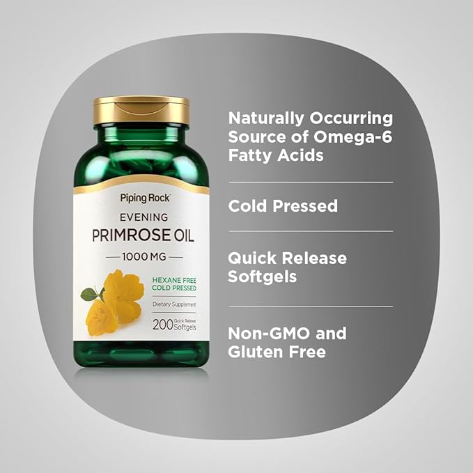 Piping Rock Evening Primrose Oil Softgels 1000mg | 200 Pills | Cold Pressed Dietary Supplement | Non-GMO Gluten Free