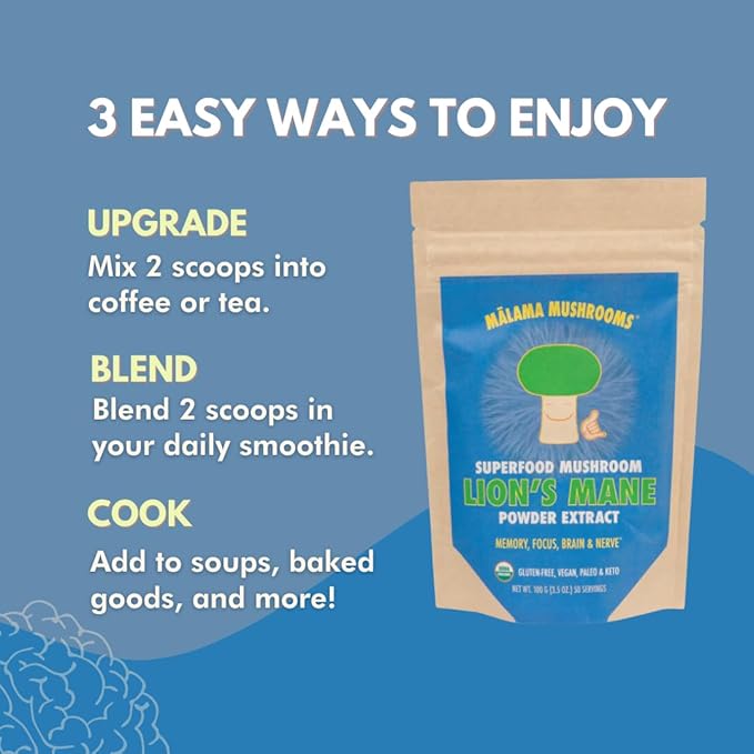 Lion's Mane Extract Powder by Malama Organic Fruiting Body Lions Mane Mushroom Powder Superfood Adaptogenic Supports Memory Focus Brain &amp Nerves