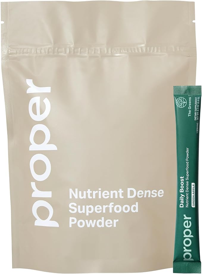 Proper The Greens Daily Boost Organic Greens Powder. Whole Food Apple Flavor Veggie Powder Superfood with Wheatgrass Spirulina Chlorella Probiotics. Daily Drink Mix for Wellness and Digestion