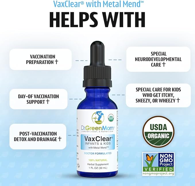 Dr. Green Mom Organic VaxClear with Metal Mend Herbal Heavy Metal Detox Drops for Kids and Infants with Chlorella Turmeric Cilantro and Milk Thistle to Cleanse and Support Immune Response