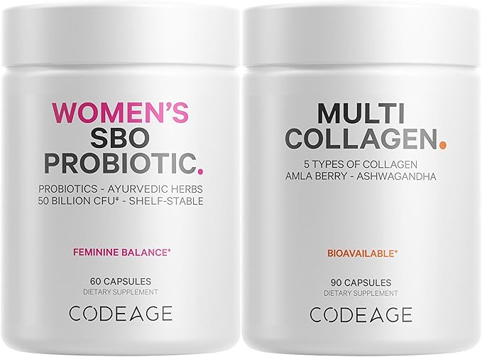 Codeage Multi Collagen Protein Capsules &amp Probiotics for Women Bundle | Multi Collagen Pills Collagen Types I II II V &amp X 90 Count | Prebiotics &amp Probiotics for Women - Soy &amp Dair