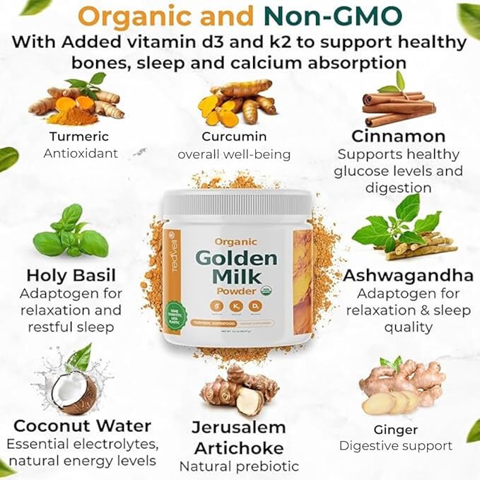Organic Golden Milk Powder with Vitamins D3 &amp K2 Turmeric Ginger Curcumin Cinnamon KSM66 Ashwagandha Holy Basil &amp Natural Prebiotics– Delicious Unsweetened Turmeric Tea Latte - 3 Pack