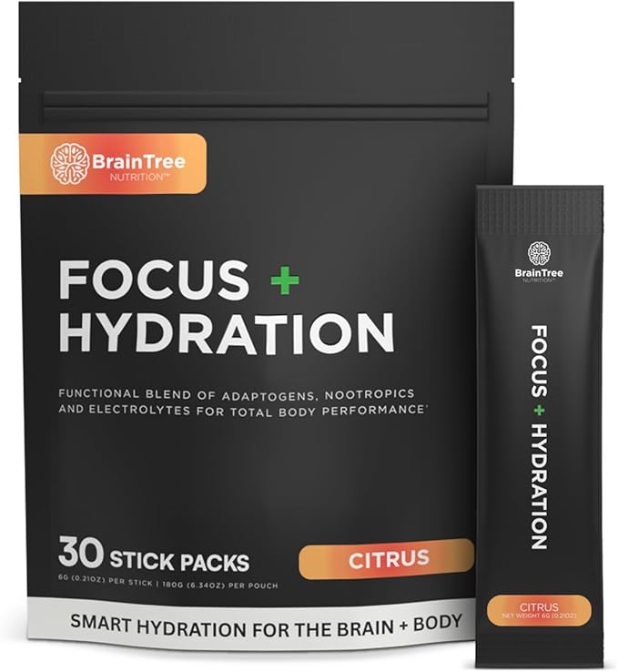 BrainTree Nutrition - Focus + Hydration - Electrolyte Drink Mix - Total Body Hydration - Supports Cognitive Function Energy &amp Muscle Recovery - Sugar Free - Citrus - 30 Stick Packs