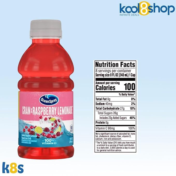 Ocean Spray Cran Raspberry Lemonade Fruit Juice Drink 10 fl oz Plastic Bottles 24 Pack + 2 Reusable Snack Bags by KOOL8SHOP Infinite Deals