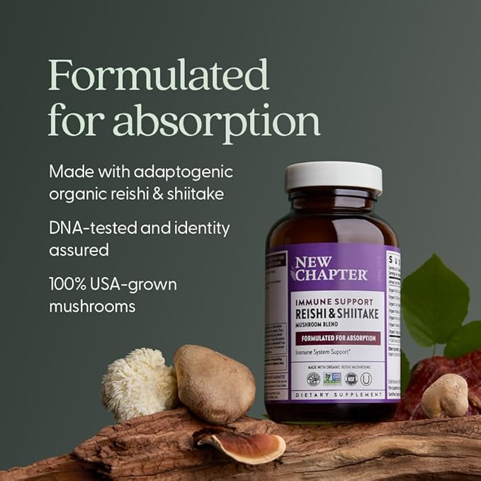 New Chapter Immune Support Reishi &amp Shiitake Mushroom Blend with Organic Reishi Mushroom Vegan + Non-GMO Nootropic Ingredients - 60 ct