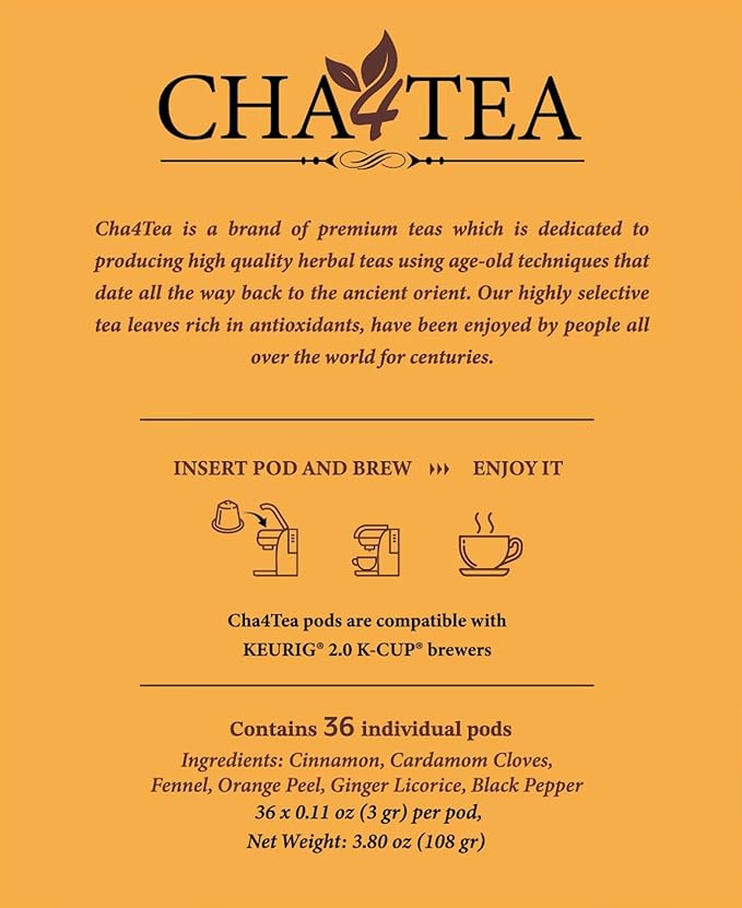 Cha4TEA 36-Count Herbal Chai Tea Pods Compatible with Keurig K-Cup Brewers