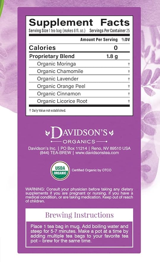 Davidson's Organics Moringa Chamomile Lavender 25-count Tea Bags Pack of 6