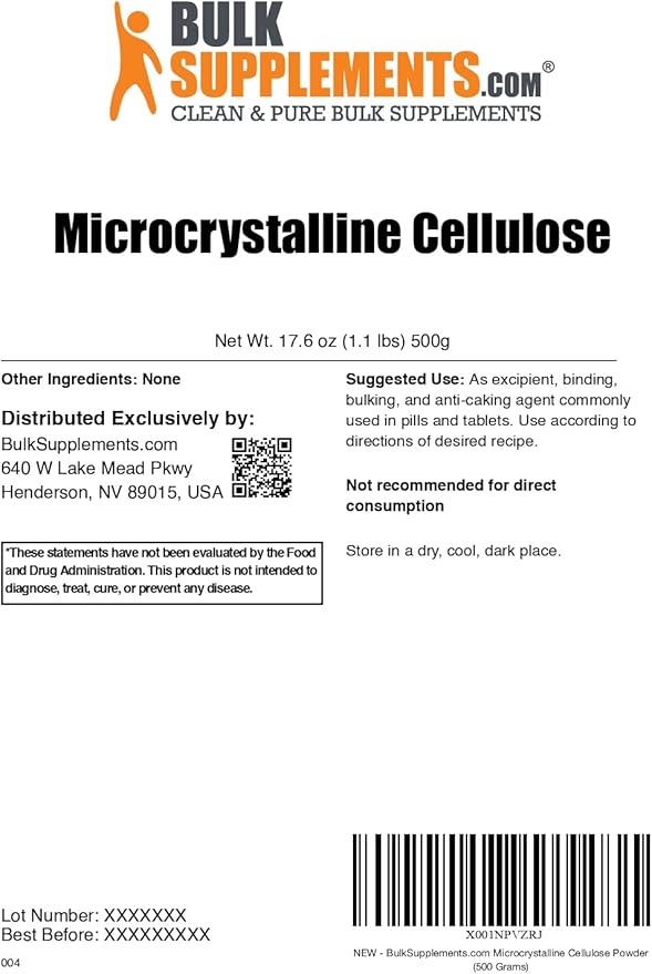 BulkSupplements.com Microcrystalline Cellulose Powder - MCC Powder Microcrystalline Cellulose Food Grade - Excipient Binder &amp Anti-Caking Agent 500g (1.1 lbs) (Pack of 1)