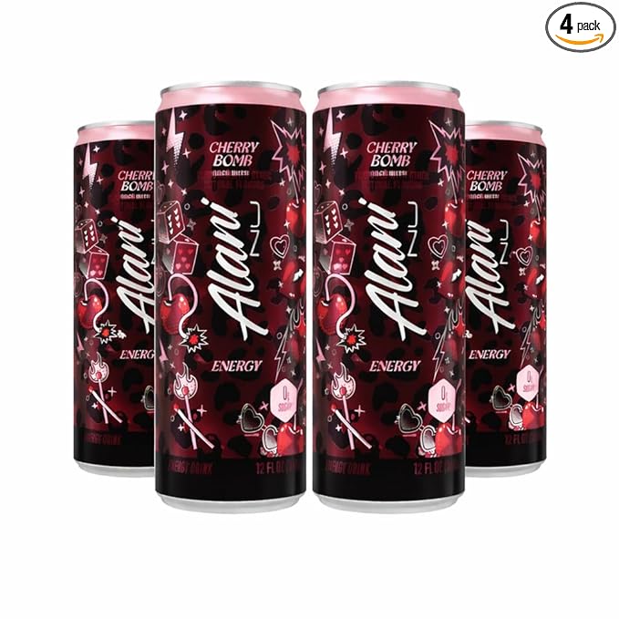 Alani Cherry Bomb Sugar Free Low Calorie Energy Drinks 12 Fl Oz Cans 4 Cans!