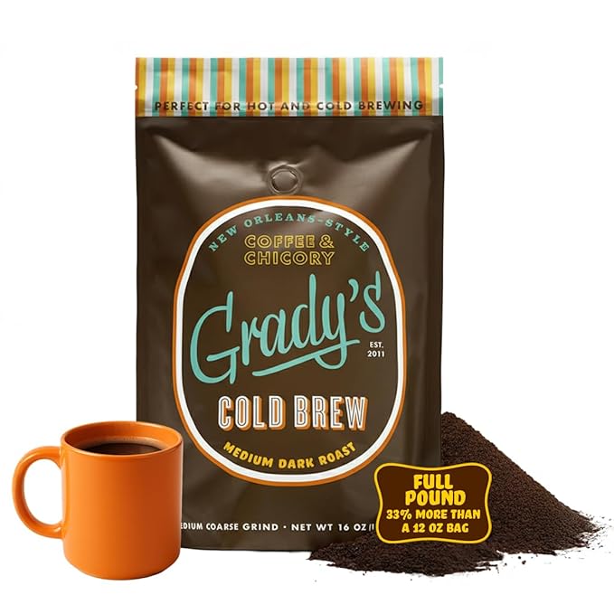 GRADY'S COLD BREW New Orleans Style 100% Arabica Medium Dark Roast Coffee &amp Chicory Ground for Hot Coffee and Cold Brew One pound bag