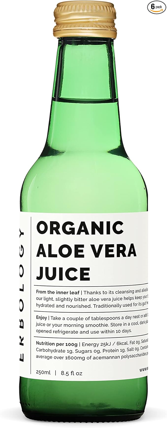 100% Organic Aloe Vera Juice 8.5 fl oz (Box of 6) - Supports Immunity &amp Gut Health - Straight from Farm in Spain - Undiluted - No Added Sugar or Artificial Preservatives - Non-GMO