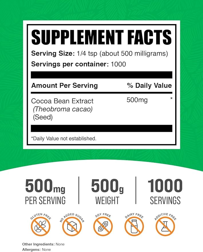 BulkSupplements.com Cocoa Bean Extract Powder - Cocoa Supplement - Unsweetened Vegan &amp Gluten Free 500mg per Serving 500g (1.1 lbs) (Pack of 1)