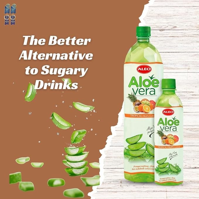 ALEO 0.5L Premium Tropical Fruits Aloe Vera Drink - Natural No Preservatives No Artificial Colors Superior Taste Award 2025