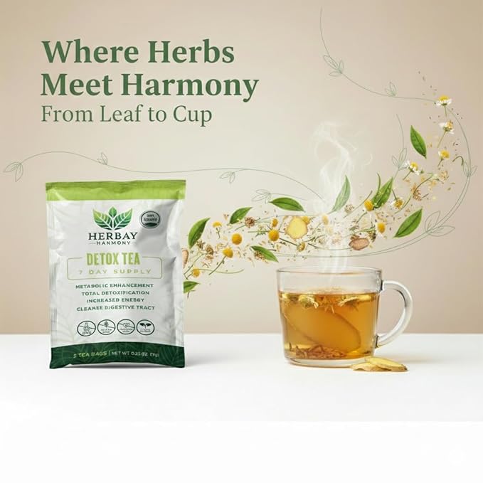 Herbay Harmony Organic Detox Tea – Caffeine-Free Herbal Cleanse for Bloating Relief Digestive Tea &amp Natural Body Detox Organic Herbal Blend with Ginger Chamomile &amp Papaya - 12 Pack (12 Week