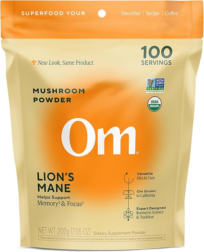 Om Lion’s Mane Mushroom Powder - Organic Mushroom Supplement and Nootropic - Support Memory Focus and Nerve Health 7.05 oz (100 Servings)