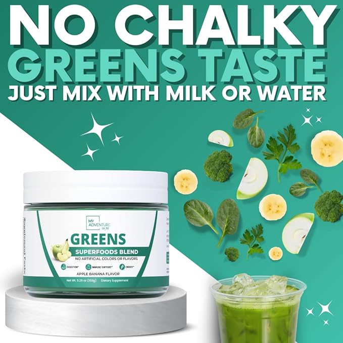 Green Superfood Powder for Digestion &amp Gut Health - Keto Friendly Superfood Greens Blend Powder for Immune Support - Powdered Greens Supplement for Immune Boost - Apple Banana Flavor