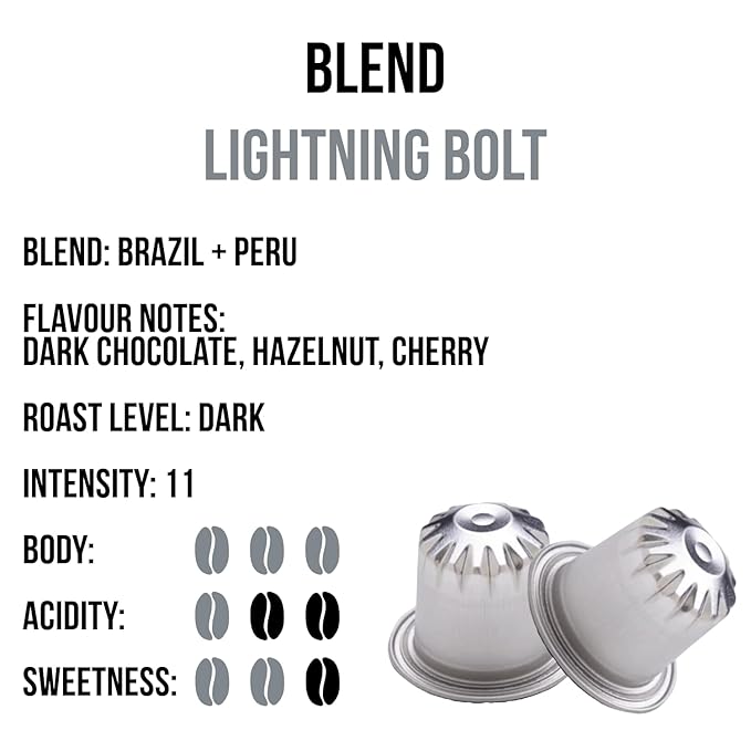 Jewel Coffee Specialty Coffee Pods - Lightning Bolt Blend 100% Arabica Coffee Intensity 11 Dark Roast Compatible with Original Nespresso Machines 100 Count (10 Boxes of 10 Espresso Pods)