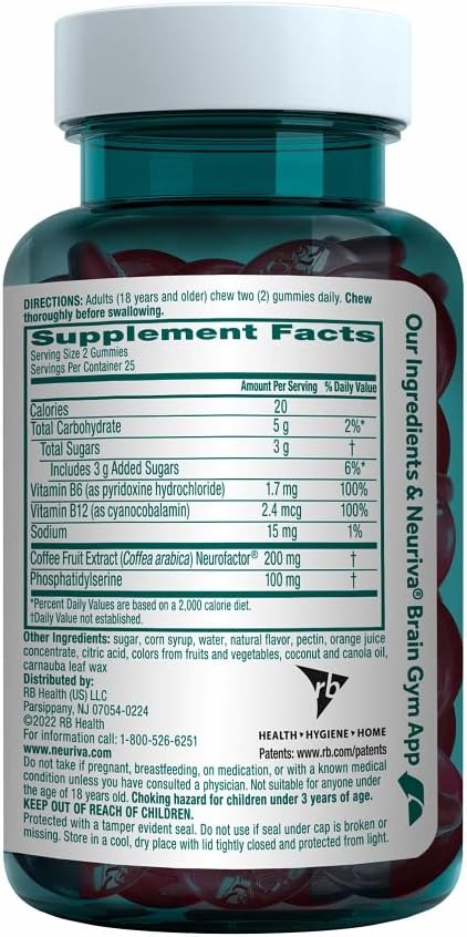 NEURIVA Plus Brain Supplement for Memory Focus &amp Concentration + Cognitive Function with Nootropics Phosphatidylserine and Neurofactor VIT B6 &amp B12 Strawberry Flavor 50 Gummies (2 Pack)