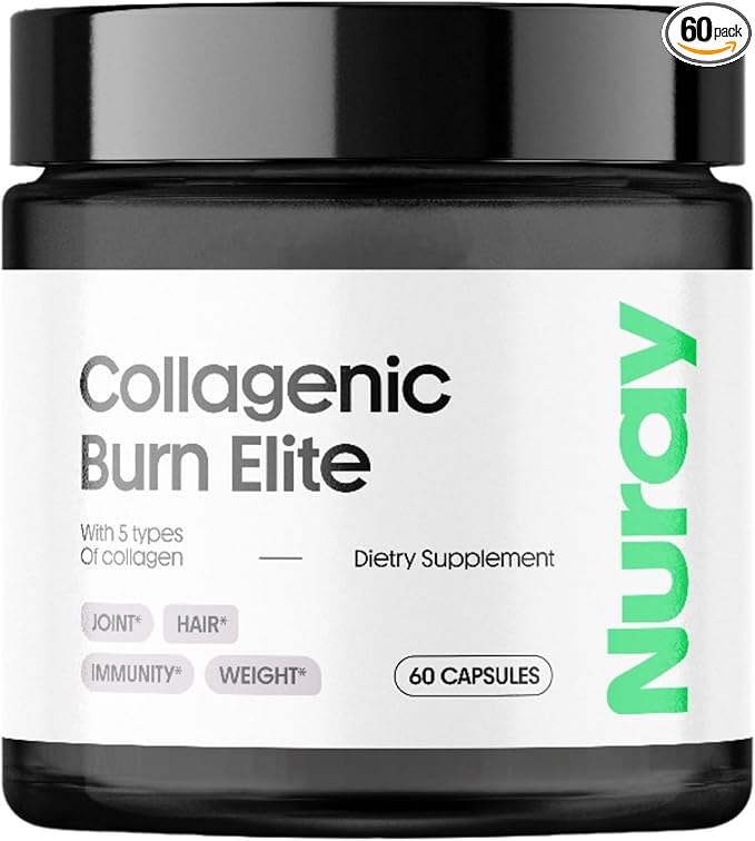 Nuray Collagenic Burn Elite with Green Tea - Collagen Peptides- 60 Capsules | Collagen Burn with 5 Types of Collagen for Healthy Hair Skin Nails Joints Metabolism Boost &amp Energy