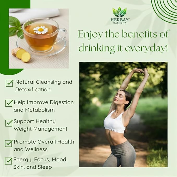 Herbay Harmony Organic Detox Tea – Caffeine-Free Herbal Cleanse for Bloating Relief Digestive Tea &amp Natural Body Detox Organic Herbal Blend with Ginger Chamomile &amp Papaya - 24 Pack (24 Week