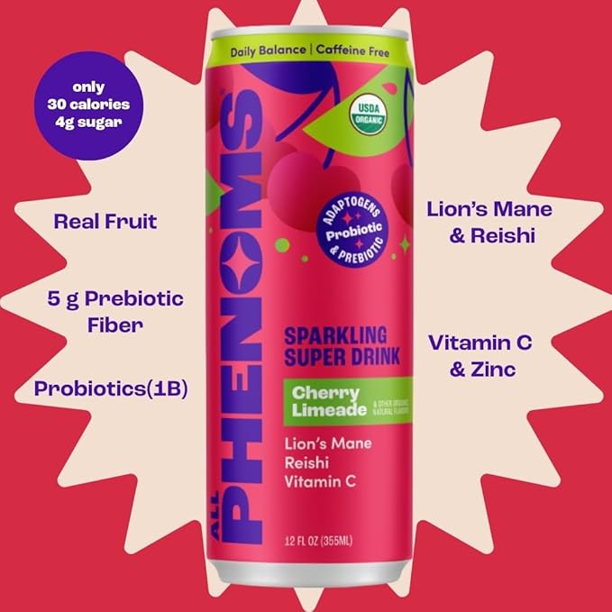 All Phenoms Daily Balance Sparkling Organic Prebiotic &amp Probiotic Drink - Adaptogen Mushroom Blend (500mg of Lions Mane &amp Reishi) Vit C Zinc (Non-Caffeinated No Stevia) - Cherry Limeade 12