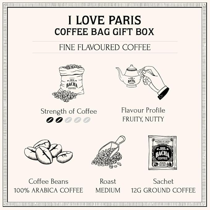 Bacha Coffee | I Love Paris Fine Flavoured Medium Roast 100% Arabica Specialty Coffee 12 Coffee Drip Bags Gift Box