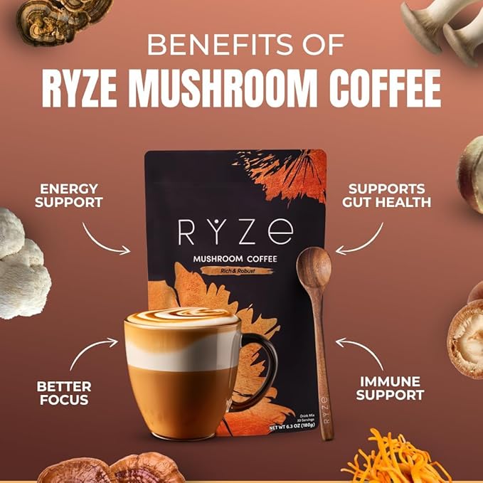 RYZE SUPERFOODS Dark Roast RYZE n Shine Bundle Instant Mushroom Coffee + Probiotic Coffee Creamer with 6 Adaptogenic Mushrooms Prebiotic+Probiotic Blends Energy Focus Digestion Immunity 30 sv each