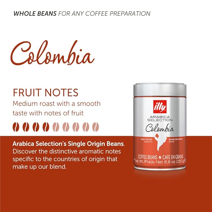 illy Whole Bean Coffee Colombia Single Origin Medium Roast 100% Arabica Premium Italian Coffee Ideal for Espresso Drip Moka and French Press Brewing 8.8oz 6 Pack