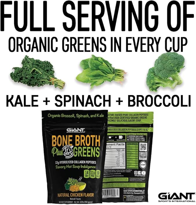 Giant Sports Bone Broth Collagen Plus Greens | Organic Super Greens Powder + Delicious Collagen Protein Powder Mix | Paleo and Keto Friendly | Natural Chicken Flavor 14 Servings