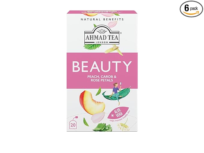 Ahmad Tea Herbal Tea Peach Carob and Rose Petals 'Beauty' Natural Benefits Teabags 20 ct (Pack of 6) - Decaffeinated &amp Sugar-Free