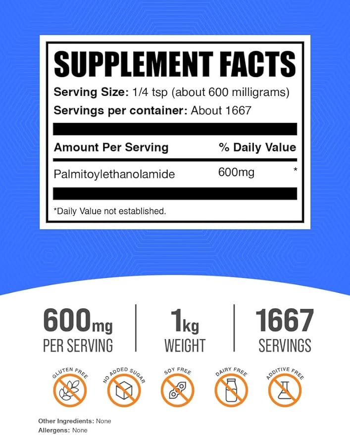 BulkSupplements.com Palmitoylethanolamide Powder - Pea Supplement Palmitoylethanolamide for Immmune Support - Gluten Free 600mg per Serving 1kg (2.2 lbs) (Pack of 1)