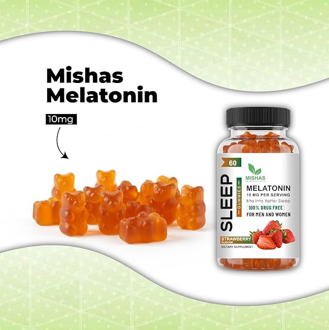 Mishas Nutraceuticals Melatonin Sleep Support Gummies for Adults 10 mg Melatonin Supplement 60 Strawberry Flavor Gummies Provides Up to 30 Days of Restful Sleep