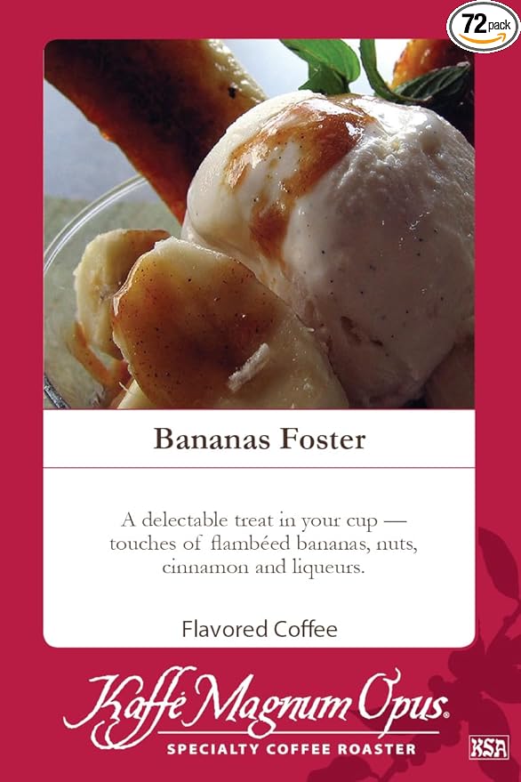 Kaffe Magnum Opus Bananas Foster Ground Coffee - 72 Packs of 2.5 oz Fresh Roasted Gourmet Flavor with Bananas Nuts Cinnamon and Liqueurs
