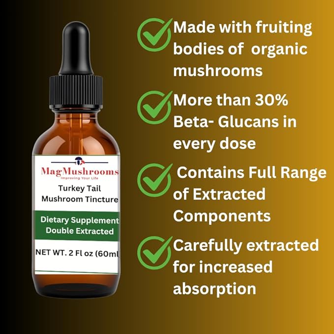 Turkey Tail Mushroom Liquid Extract Tincture Daily Supplement Double Extracted for High Potency 2 Fl oz 60 doses