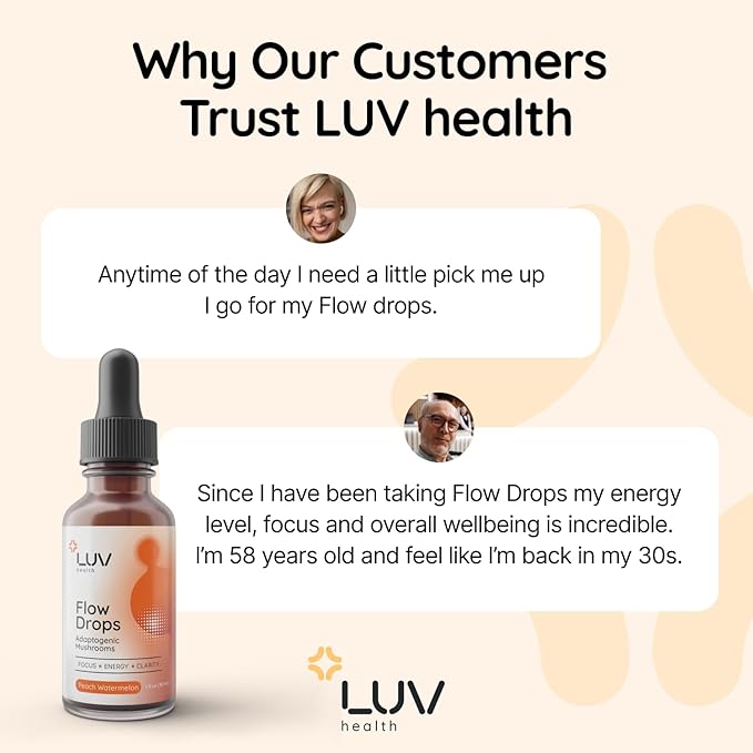 LUV health Flow Drops® – Energy Supplement for Focus Mental Clarity &amp Immune Support - Adaptogenic Mushrooms with Lion’s Mane Cordyceps Reishi Chaga &amp Turkey Tail – Vegan Made in USA 60 S