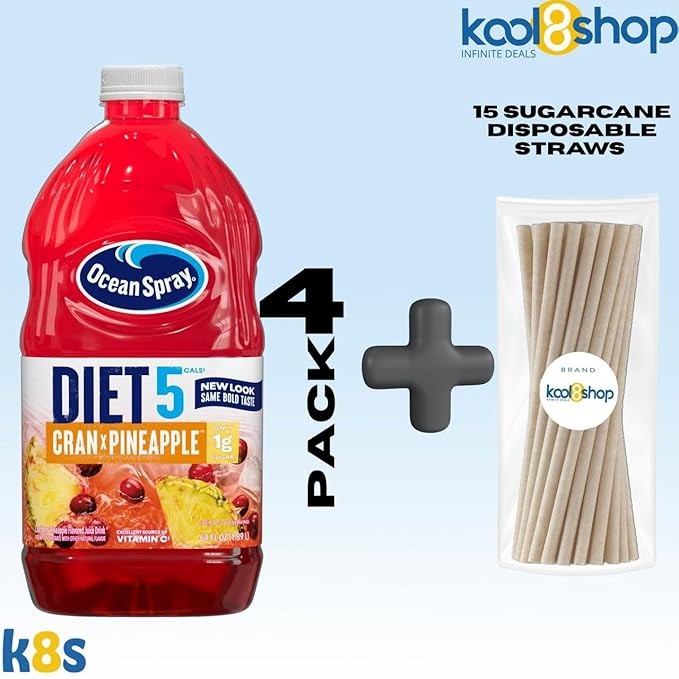 Ocean Spray Diet Cran Pineapple Juice Drink 64 fl oz Plastic Bottle 4 Pack + 15 Sugarcane Disposable Straws by KOOL8SHOP Infinite Deals