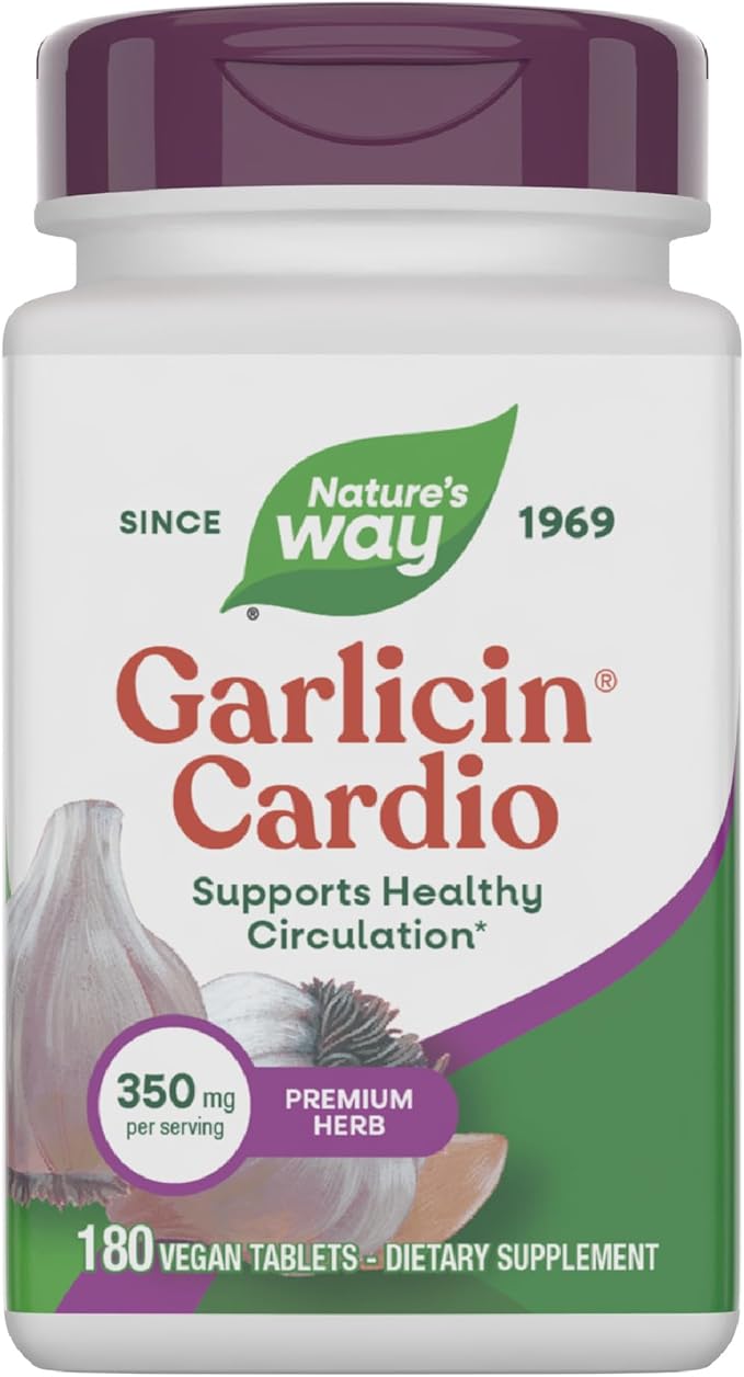 Nature's Way Garlicin Cardio Premium Herbal Supports Healthy Circulation* No Garlic Taste Vegan Garlic Supplements 180 Tablets (Packaging May Vary)