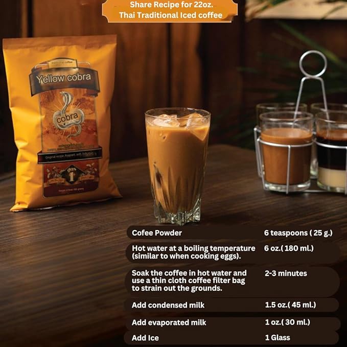 Yellow Cobra Thai Traditional ground Coffee Blend Thailand Kafe Bo-ran 350g Smooth Aromatic O-Liang Kopi Perfect for Iced Coffee and Thai Brews Free Thai Coffee Brew Cloth Filter