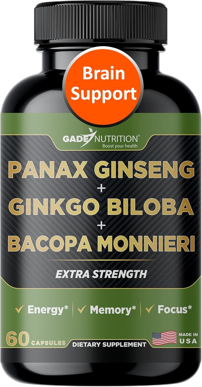 Gade Nutrition Ginkgo Biloba with Ginseng Supplement and Bacopa Monnieri | Brain Supplements for Memory and Focus with panax Ginseng &amp Ginko biloba Capsules - Memory Supplement for Brain