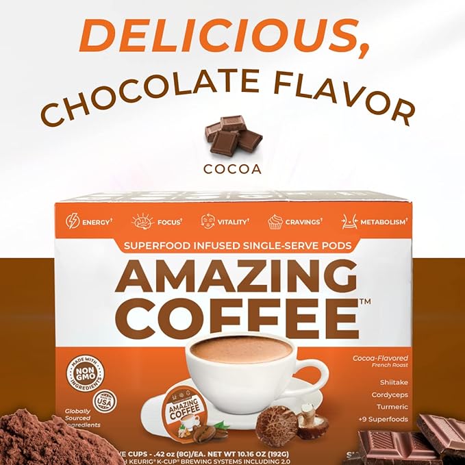 Superfoods Company Amazing Coffee- 12 Natural Superfoods - French Roast - Weight Loss &amp Brain Boost - Gluten Free Non-GMO Sugar Free Vegan &amp Keto Friendly [24 Pods] [Cocoa]