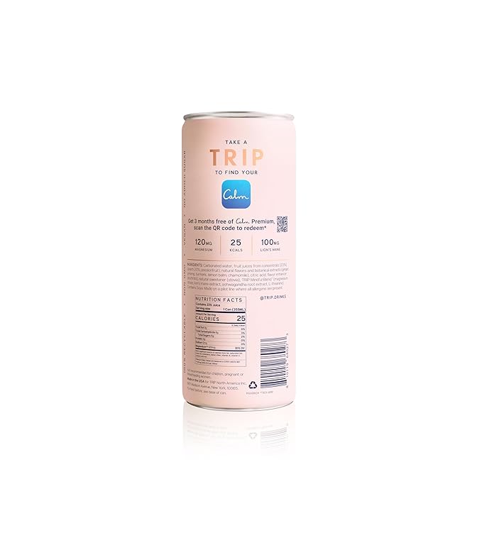 TRIP Lightly Sparkling Adaptogen Drink Non Alcoholic Drink with Magnesium Ashwagandha Lions Mane &amp L Theanine No Added Sugar Mocktail Vegan Peach Ginger 12 Oz 12Pk