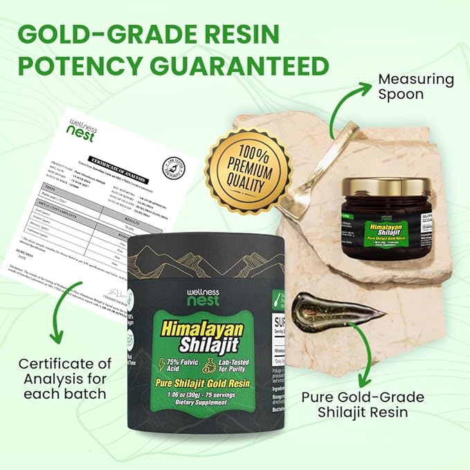 Wellness Nest Gold Grade Pure Himalayan Shilajit Resin: Ultimate Potency for Men &amp Women - 24k Gold 75%+ Fulvic Acid Lab Test Report Included - 30g (1 Pack) 75 Servings